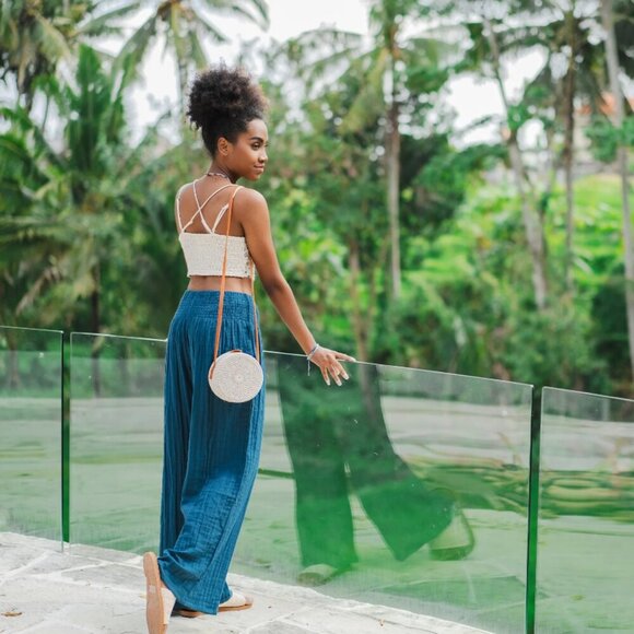 Lotus & Luna Wide Leg Cotton Pants in Color: Pacific Dark Teal Blue S - Picture 6 of 16